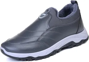 Men's Leather Round Toe Snow Boots Slip On Comfortable Fleece Warm Casual Ankle Boots
