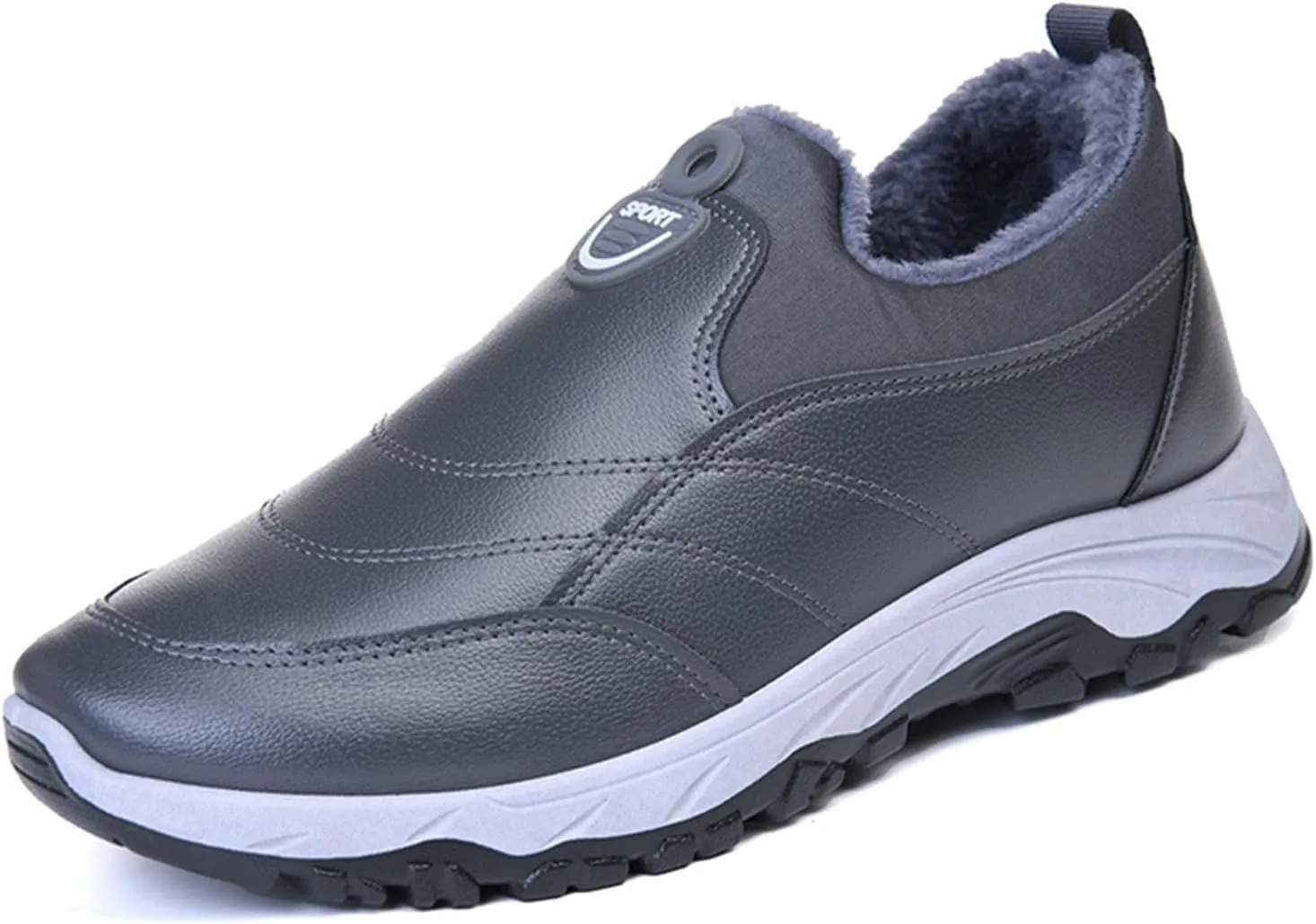 Men's Leather Round Toe Snow Boots Slip On Comfortable Fleece Warm Casual Ankle Boots
