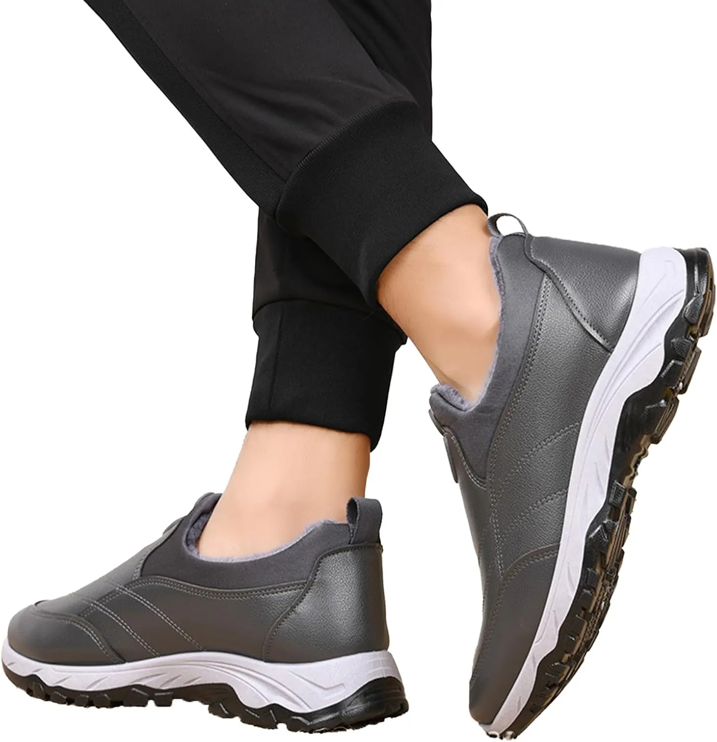 Men's Leather Round Toe Snow Boots Slip On Comfortable Fleece Warm Casual Ankle Boots