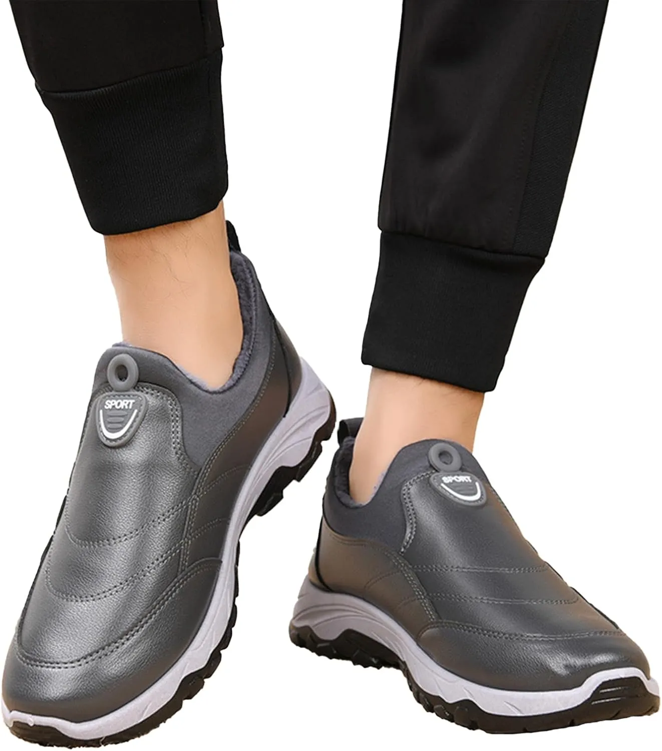 Men's Leather Round Toe Snow Boots Slip On Comfortable Fleece Warm Casual Ankle Boots