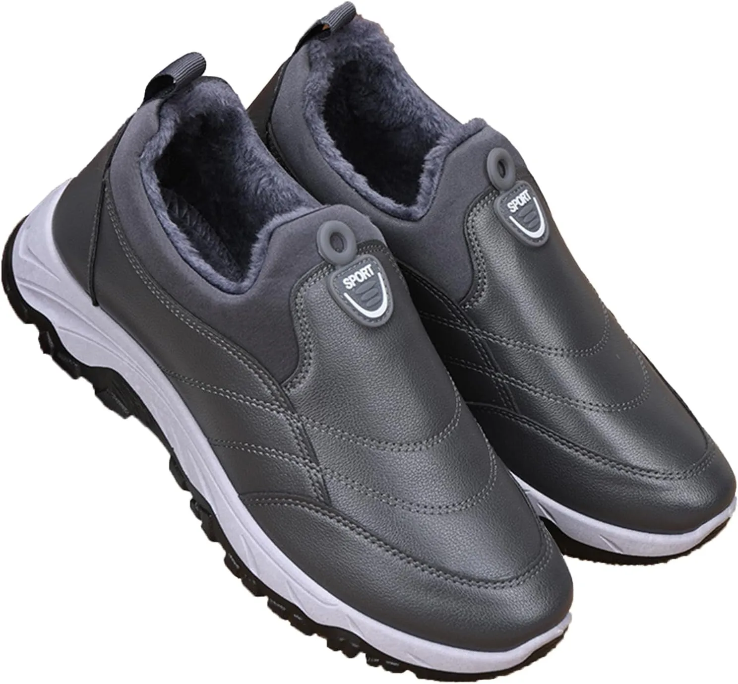 Men's Leather Round Toe Snow Boots Slip On Comfortable Fleece Warm Casual Ankle Boots