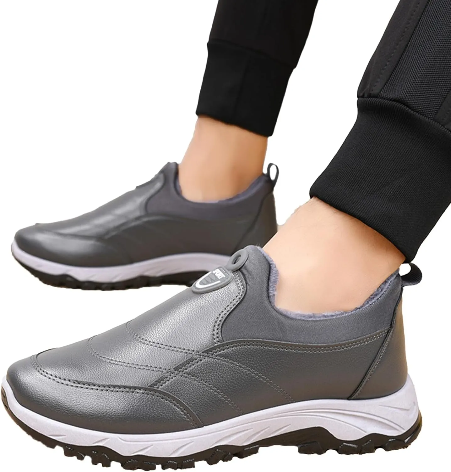 Men's Leather Round Toe Snow Boots Slip On Comfortable Fleece Warm Casual Ankle Boots