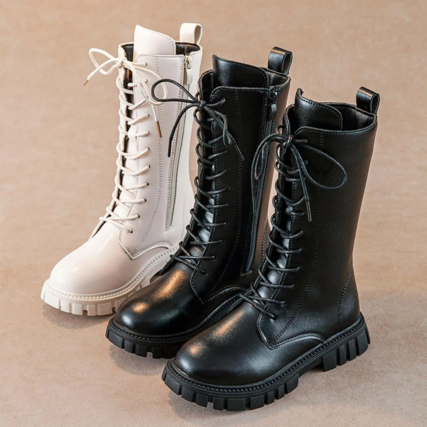 Mid Calf Girls Kids Boots Lace Up Side Zipper Combat Boots Faux Leather Motorcycle Riding Boot Lug Sole Low Heel Shoes