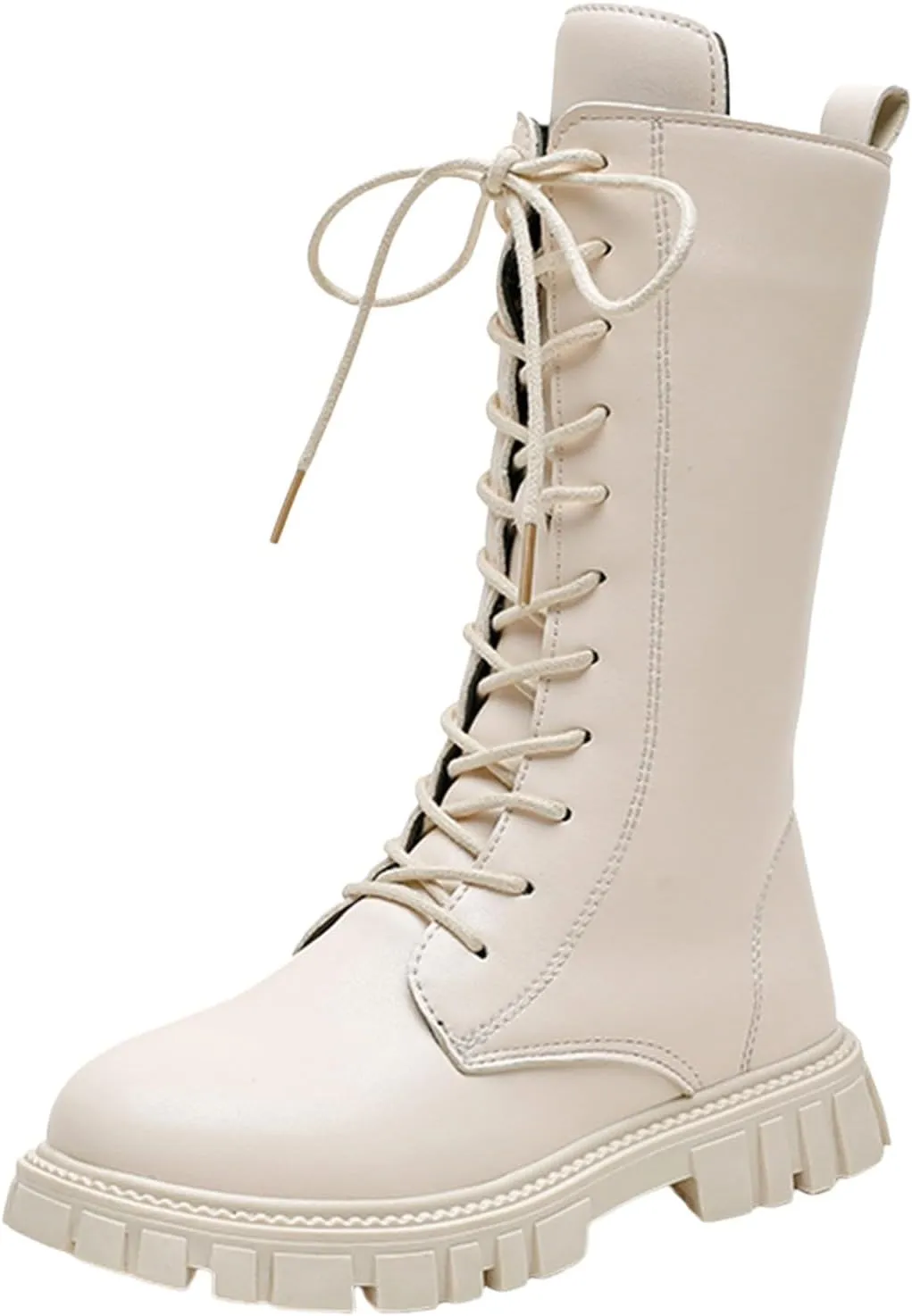 Mid Calf Girls Kids Boots Lace Up Side Zipper Combat Boots Faux Leather Motorcycle Riding Boot Lug Sole Low Heel Shoes