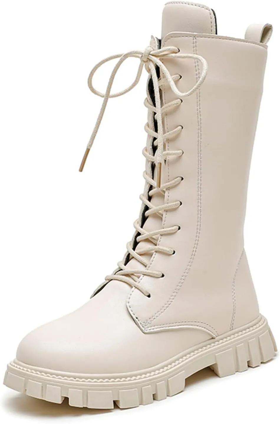 Mid Calf Girls Kids Boots Lace Up Side Zipper Combat Boots Faux Leather Motorcycle Riding Boot Lug Sole Low Heel Shoes