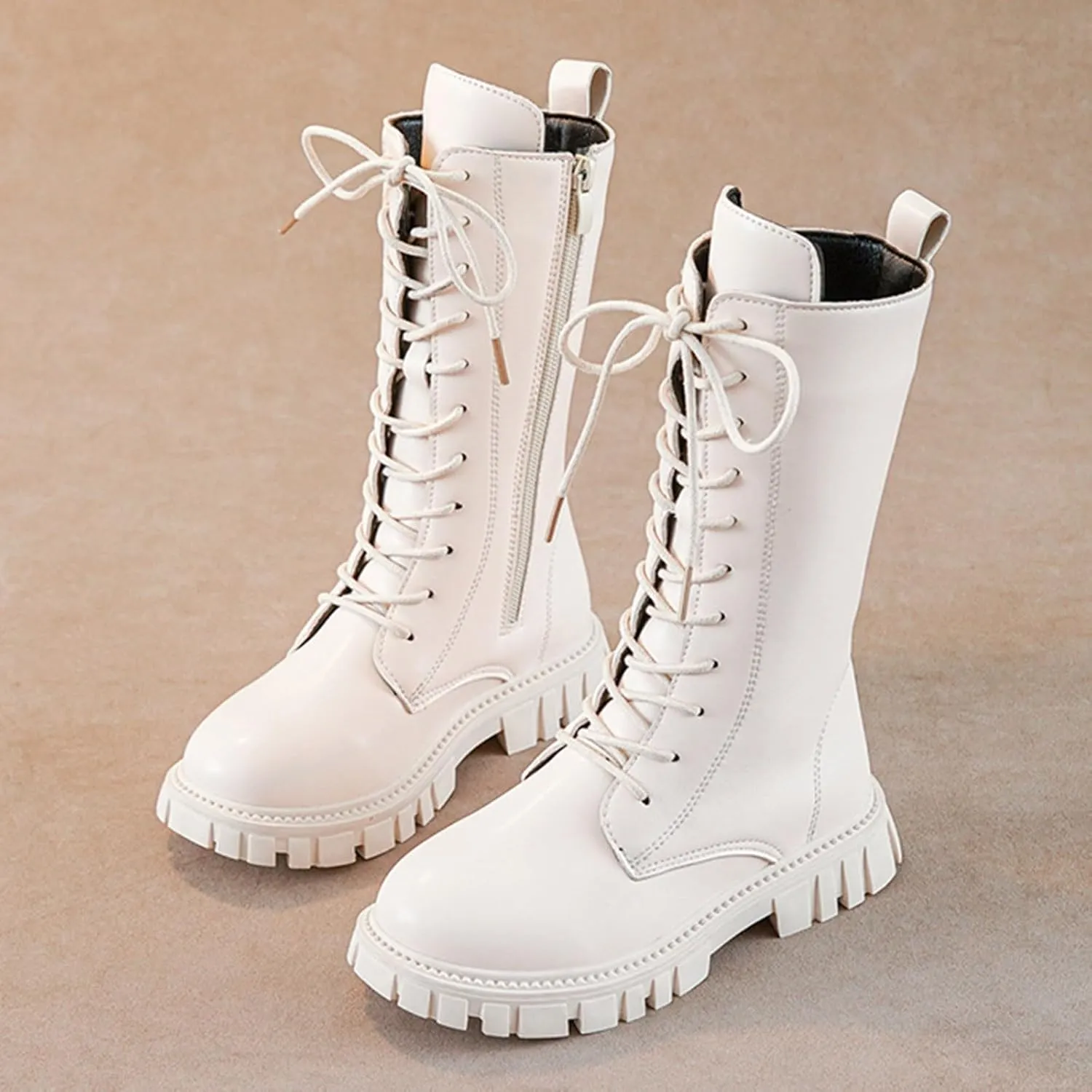 Mid Calf Girls Kids Boots Lace Up Side Zipper Combat Boots Faux Leather Motorcycle Riding Boot Lug Sole Low Heel Shoes
