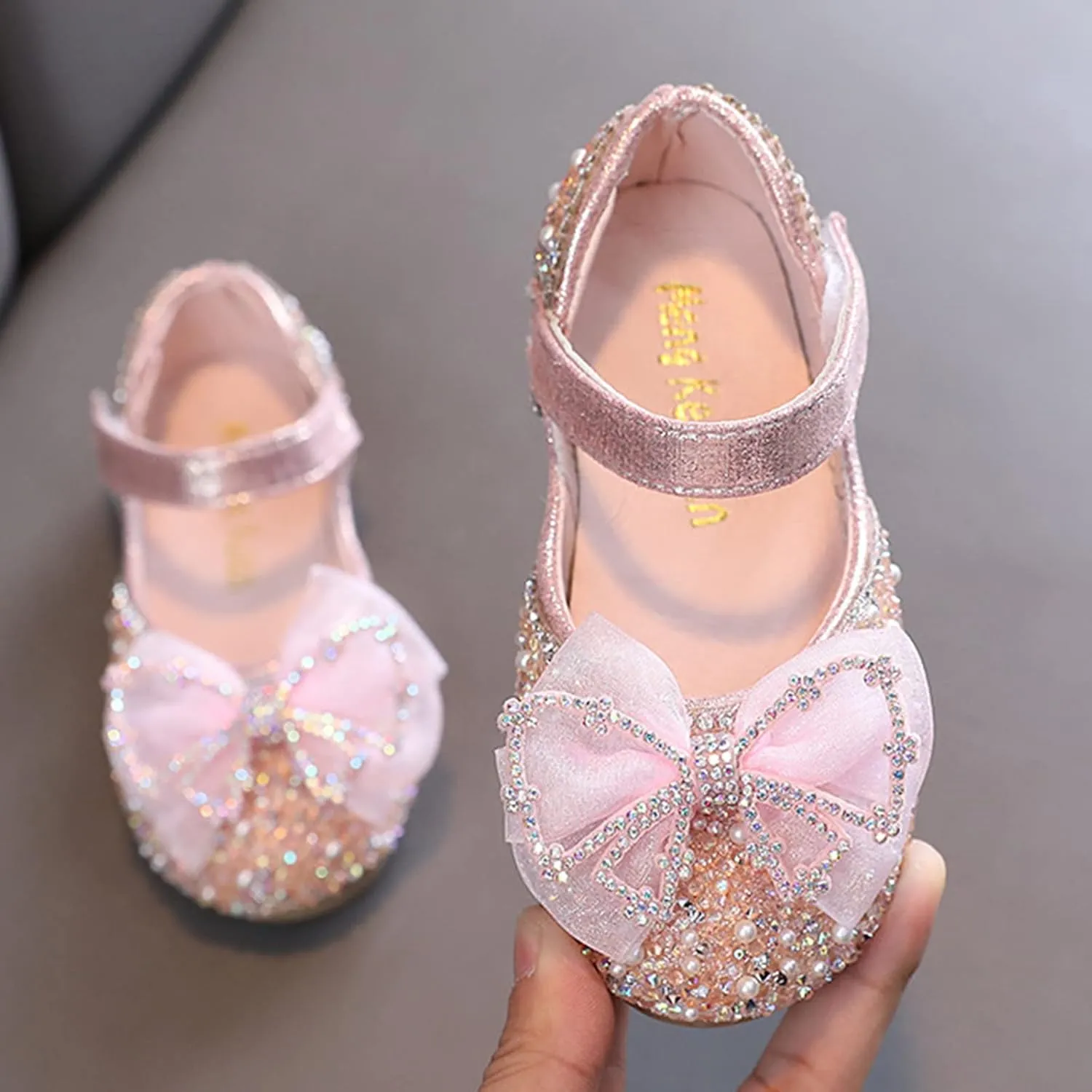Toddler Girls Rhinestone Dress Shoes Bowknot Glittler Mary Jane Dress Little Kid Big Kid Wedding Party Shoes (Pink, 10.5 Toddler)