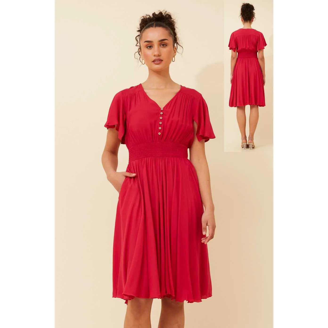 V-Neck Button front Dress - Red