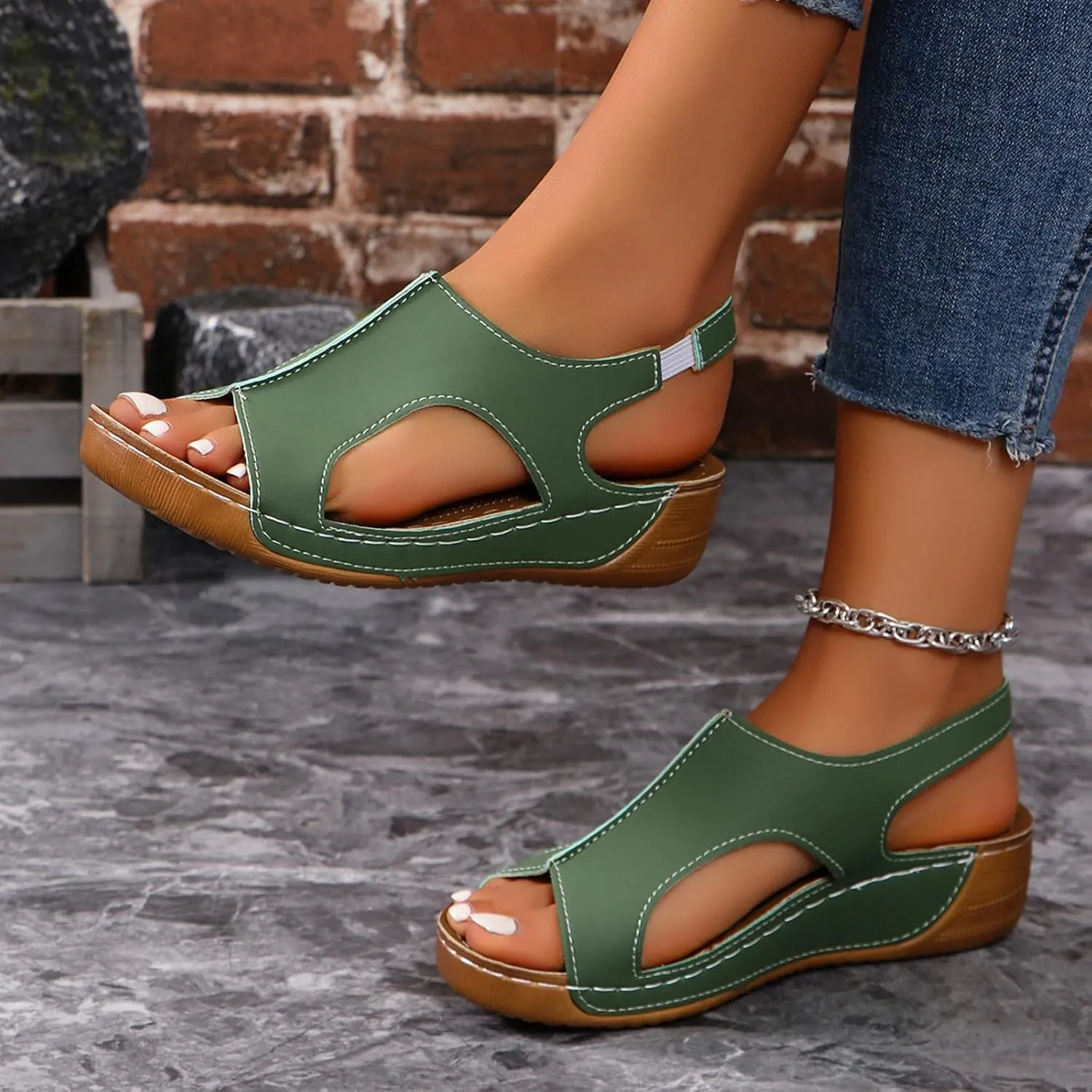 Vacation Sandals for Women Leather Slope Heel Thick Bottom Fish Mouth Party Platform Orthopedic Arch Support Summer Damping Sole Shoes 2025 Comfortable Dressy Lightweight Wedge Slippers