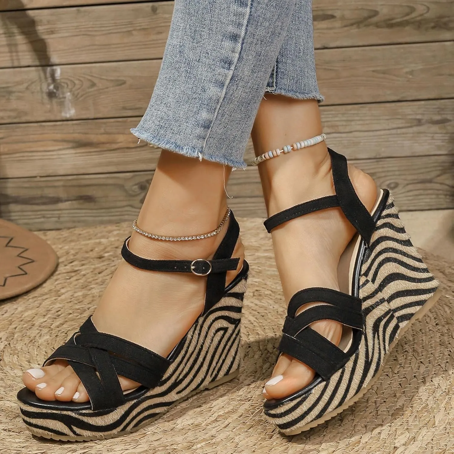 Women Open Toe Dressy Platform Sandals Fashion Zebra Print Footbed Ankle Strap Wedge Sandal Buckle Ankle Strap Heels