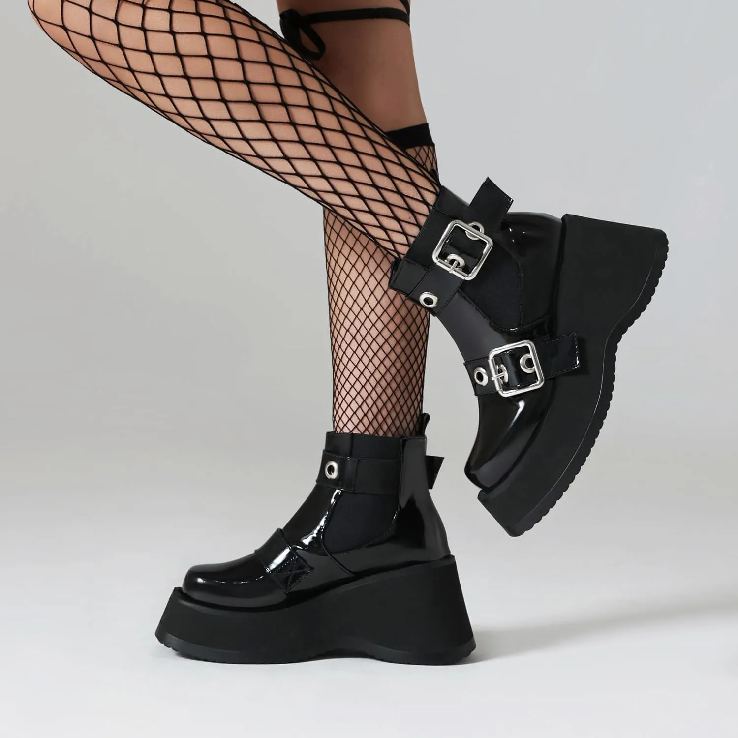 Women's Goth Platform Wedge Boots, Comfortable Chunky Mid Heel Combat Boots, Cute Gothic Ankle Boots Shoes