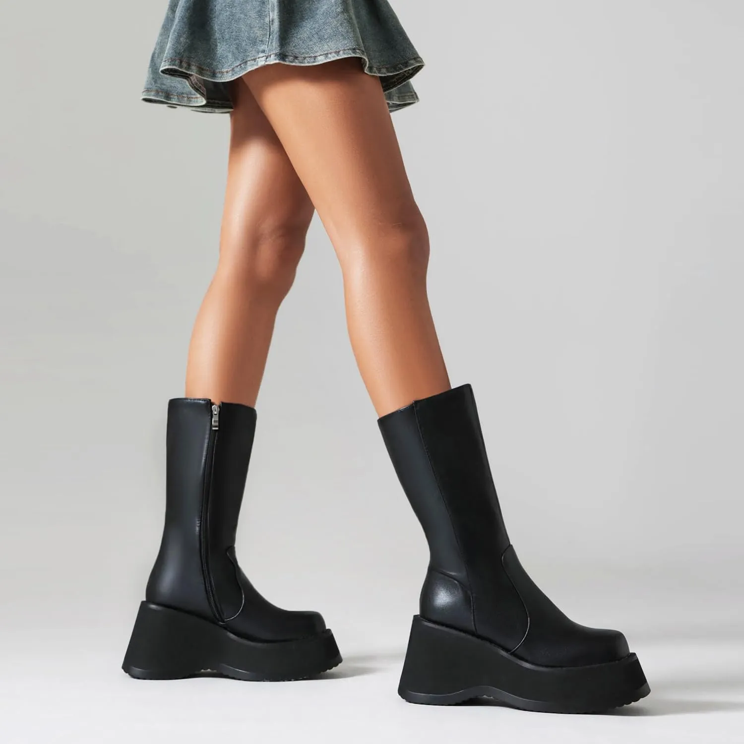 Women's Goth Platform Wedge Boots, Comfortable Chunky Mid Heel Combat Boots, Cute Gothic Ankle Boots Shoes