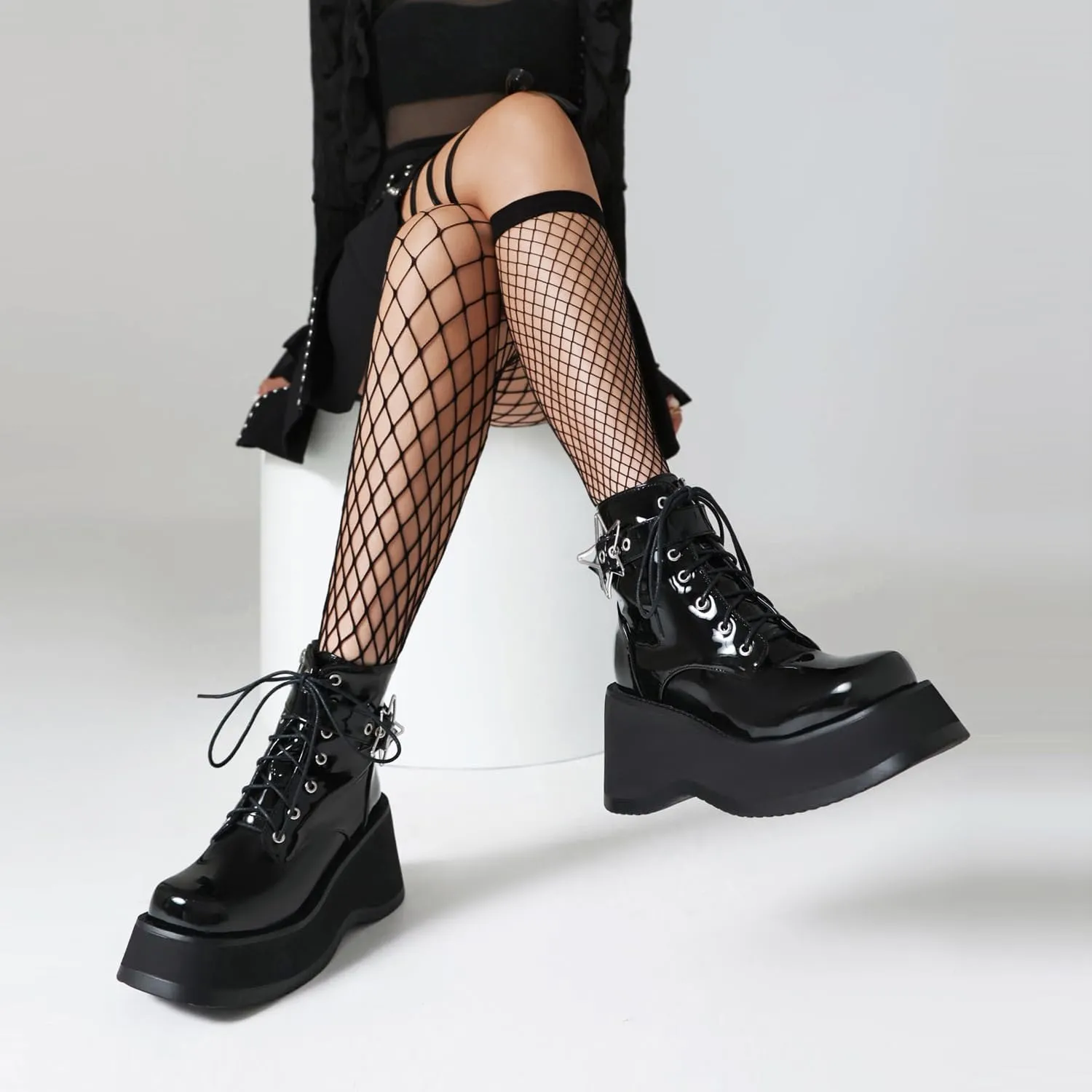 Women's Goth Platform Wedge Boots, Comfortable Chunky Mid Heel Combat Boots, Cute Gothic Ankle Boots Shoes