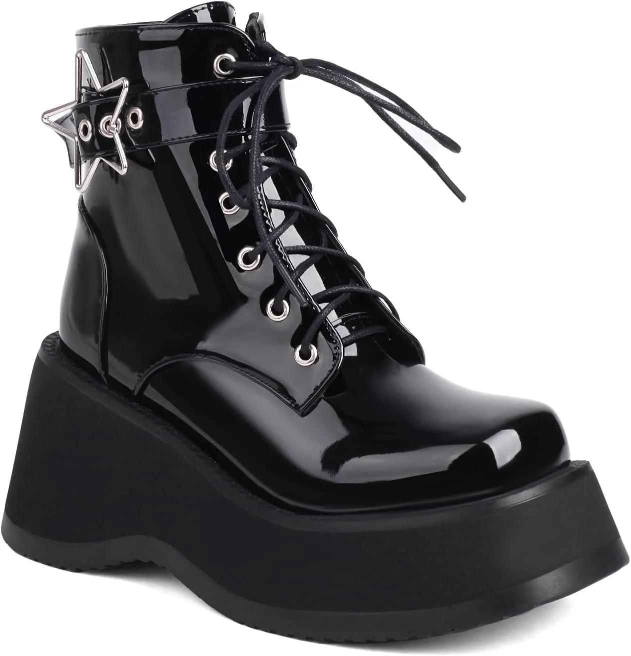Women's Goth Platform Wedge Boots, Comfortable Chunky Mid Heel Combat Boots, Cute Gothic Ankle Boots Shoes