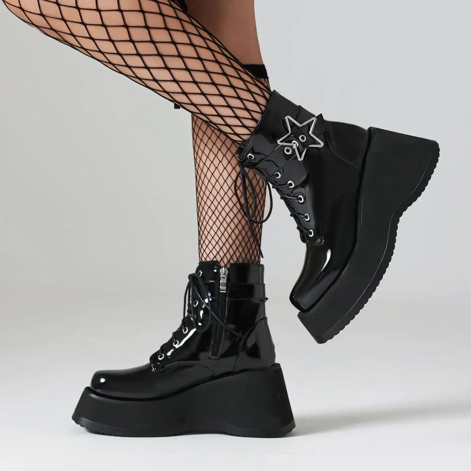 Women's Goth Platform Wedge Boots, Comfortable Chunky Mid Heel Combat Boots, Cute Gothic Ankle Boots Shoes