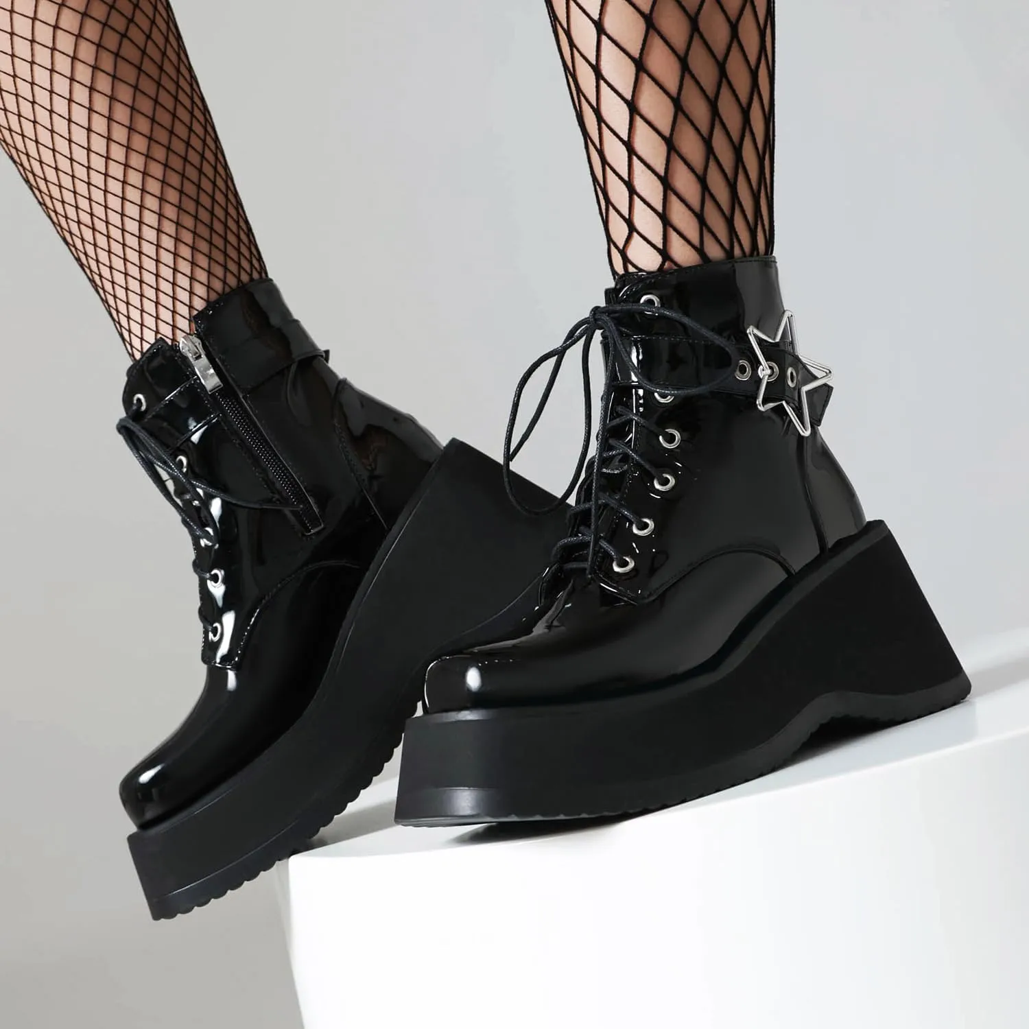 Women's Goth Platform Wedge Boots, Comfortable Chunky Mid Heel Combat Boots, Cute Gothic Ankle Boots Shoes