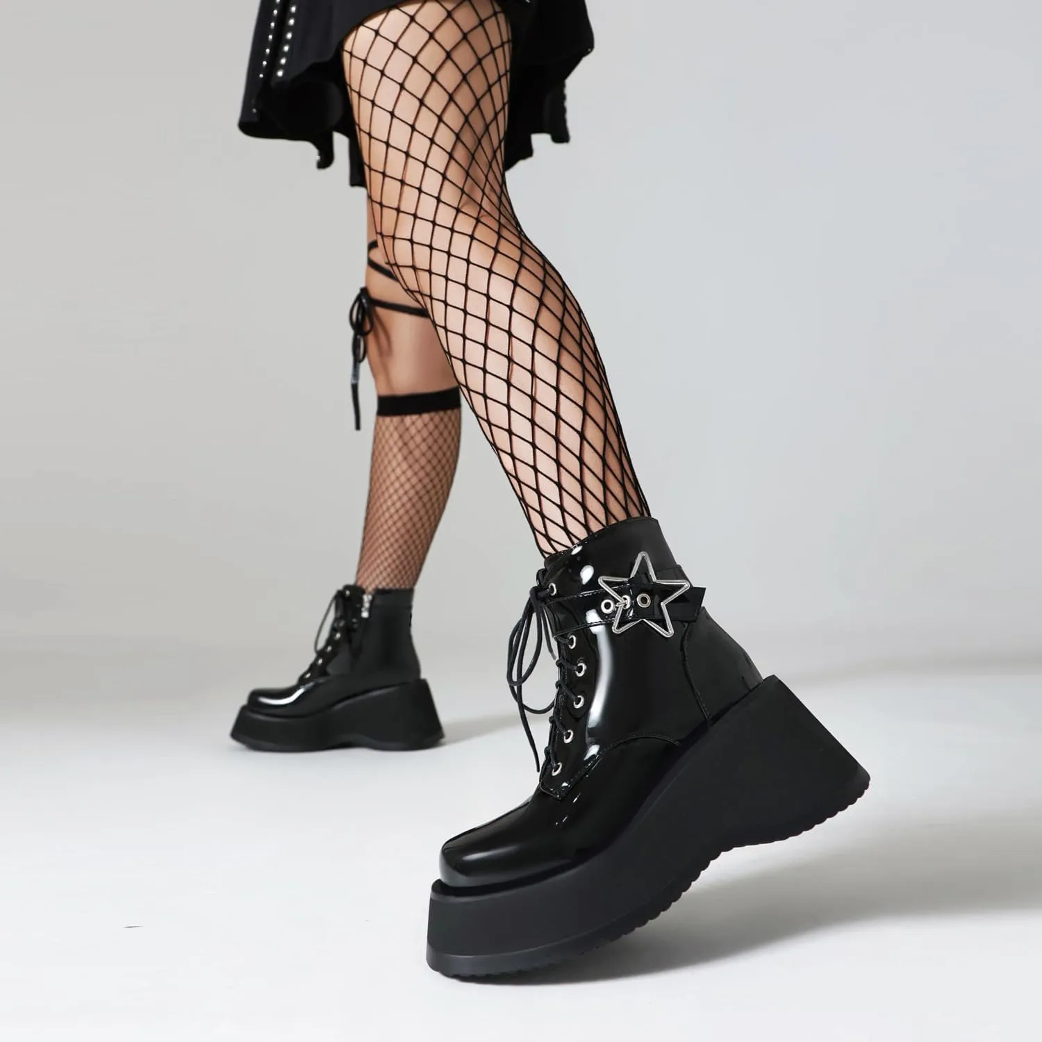 Women's Goth Platform Wedge Boots, Comfortable Chunky Mid Heel Combat Boots, Cute Gothic Ankle Boots Shoes
